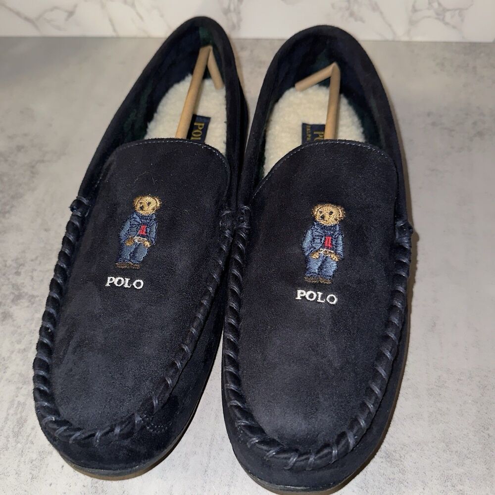 Polo Ralph Lauren Collins Bear Suede Moccasin Slippers Navy Size 11 - Picture 9 of 12